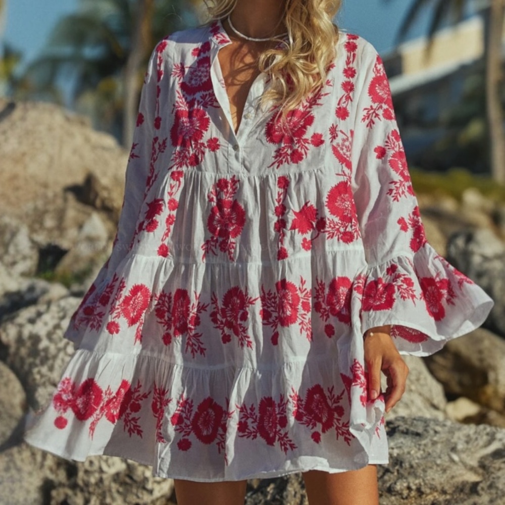 PQ Swim Lola Tunic Cover Up White Pink Embroidered Cotton XS S